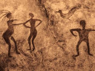 Painting of people on a cave wall. 